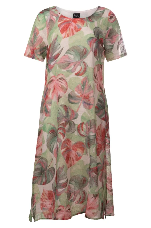 100% Cotton Dress with side splits | SAGE PINK PALM | 6274A1