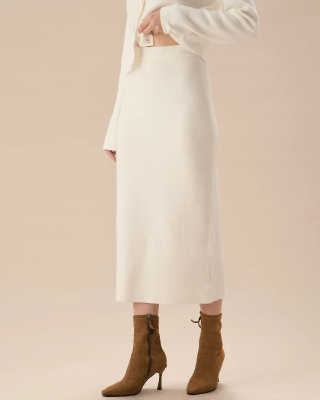 White Elastic Waist Straight Skirt