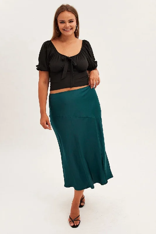 Green Midi Skirt High Waist Split Satin