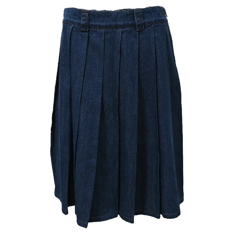 Miu Miu Pleated Midi Side Zipped Skirt in Blue Cotton Denim