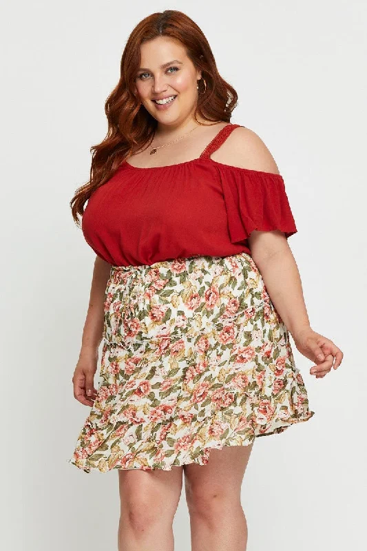 Floral Print Mini Skater Skirt Elastic Waist