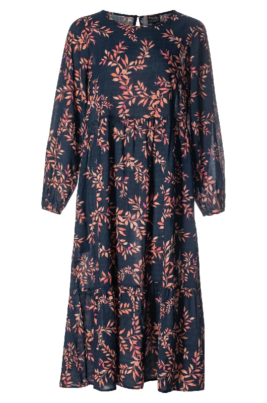 Printed Cotton Rayon Dress | Navy Spice Leaf | 6541ZZ