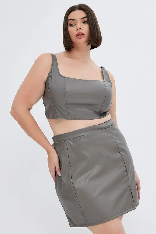 Grey Mini Skirt Faux Leather